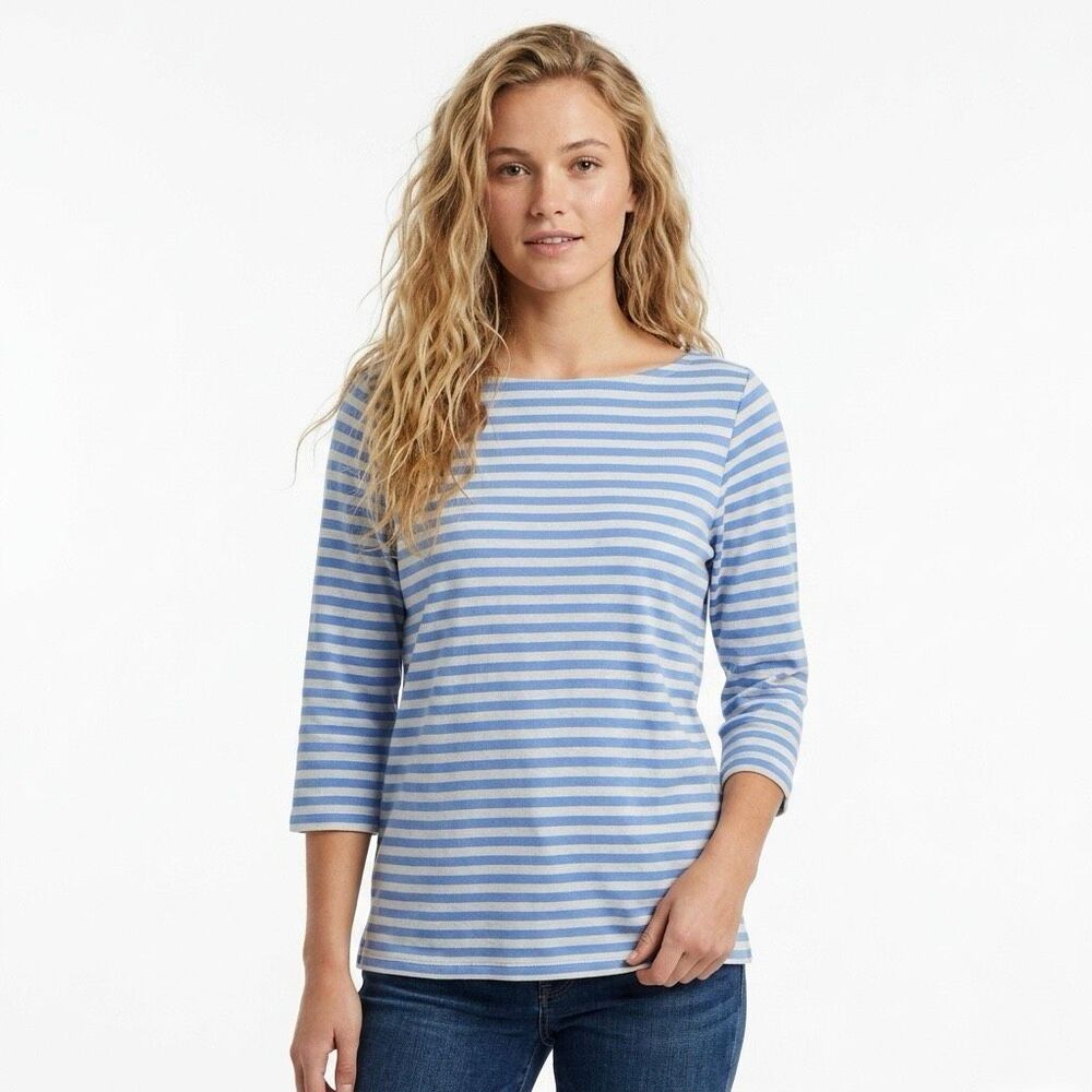 J Jason Wu Blue White Striped Boat Neck 3/4 Sleeve Top Tee Coastal Knit Medium